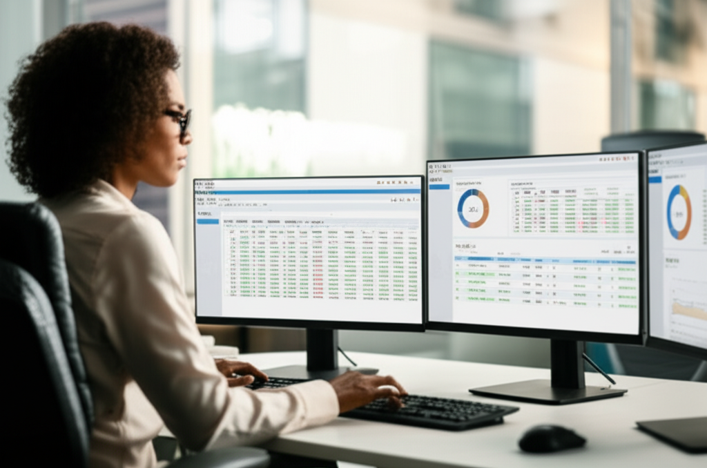 Medical billing professional working with healthcare software